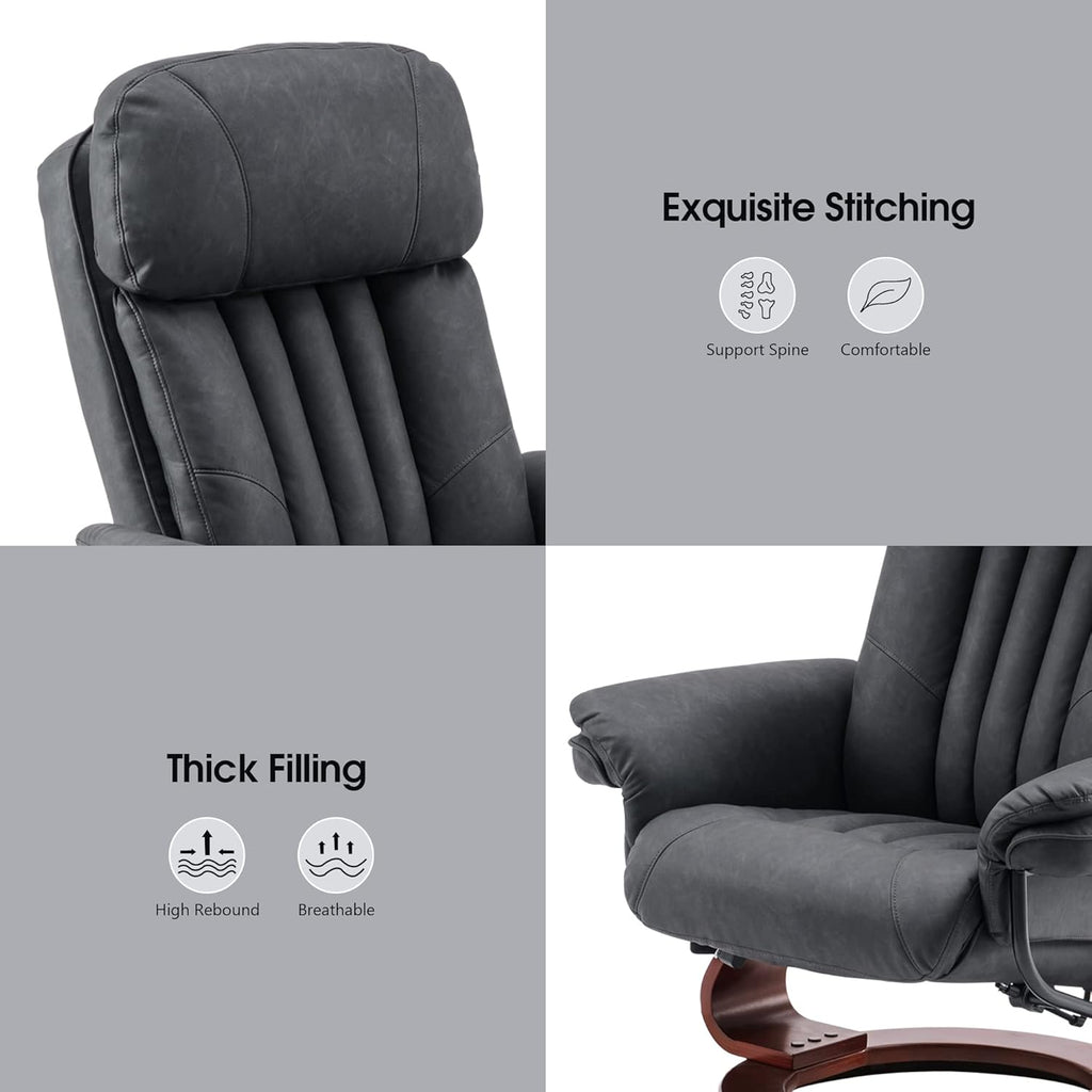 Modern Reclining Swivel Lounge Chair and Ottoman — Grey Faux Leather