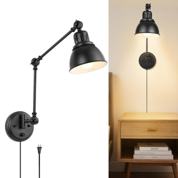 Plug in Wall Sconce, Dimmable On Off Switch, Swing Arm Wall Lamp, Black Metal Industrial, Plug in Wall Light