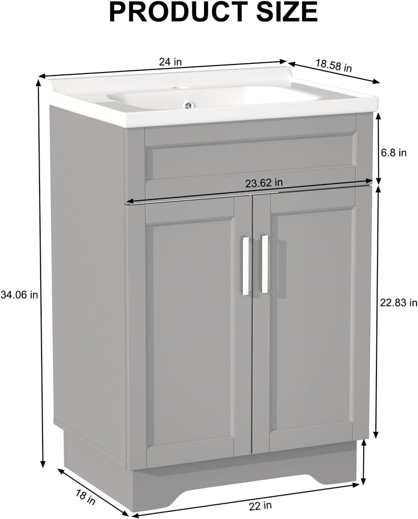 Bathroom Vanity with Ceramic Sink, Wooden Double Door Bathroom Storage Vanity with 24 Inch, Small Quick Assembly Bathroom Cabinet, White & Grey