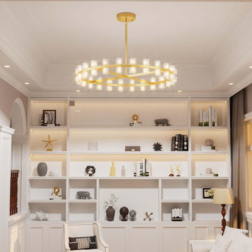 Gold Wagon Wheel Chandeliers Modern 32-Lights Gold Round Chandelier Glass Chandeliers for Dining Room,Living Room Vintage Chandelier D32