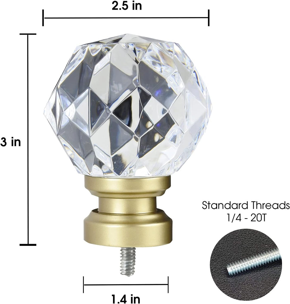 Decorative Curtain Rod Finials Luxury Crystal-clear Faceted, Round, Set of 2, Compatible with 1'' or 1-1/8'' dia