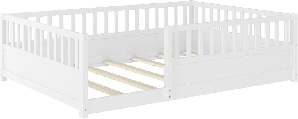 Full Size Floor Bed with high Fence, Solid Pine Wood Montessori Bed for Kids Girls Boys Floor Bed Frame, White with