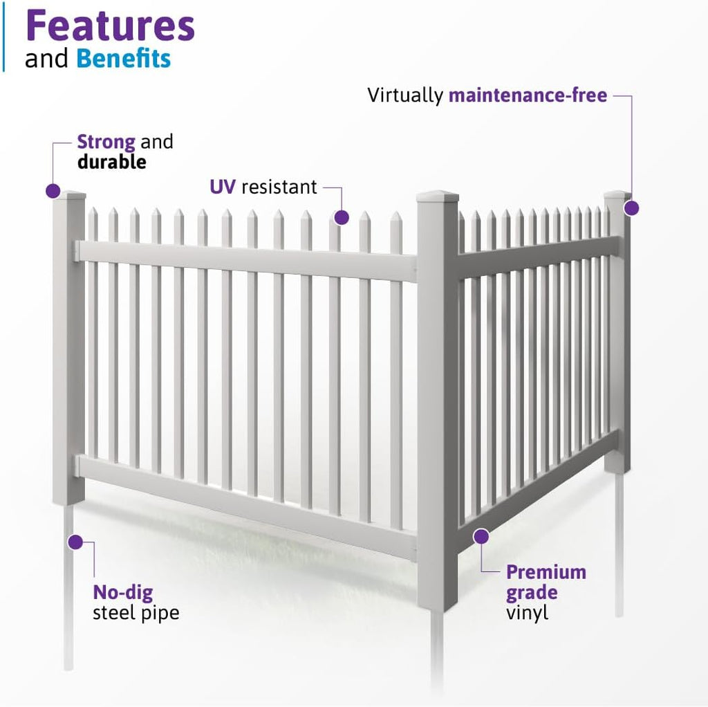4ft H x 6ft W (1 Panel + 1 Post) No Dig Nantucket Fence Kit, White Vinyl Picket Fence Panel, Easy DIY Installation Panel Kit