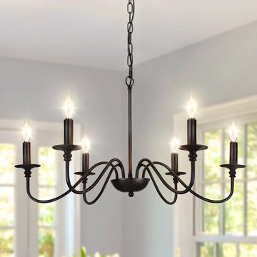 Farmhouse Chandelier for Dining Room: 6-Light Black Industrial Kitchen Island Pendant Light Fixture - Rustic Candle