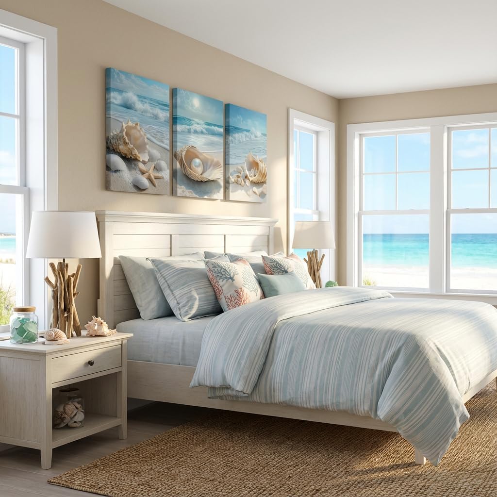 3Pcs Beach Themed Canvas Wall Art | Summer Beach Waves Pictures, Seashells Starfish and Pearl in Ocean Setting