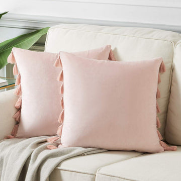 Pack of 2 Cute Decorative Throw Pillow Covers with Handmade Tassels, Soft Velvet Peach Solid Square Cushion Case Set