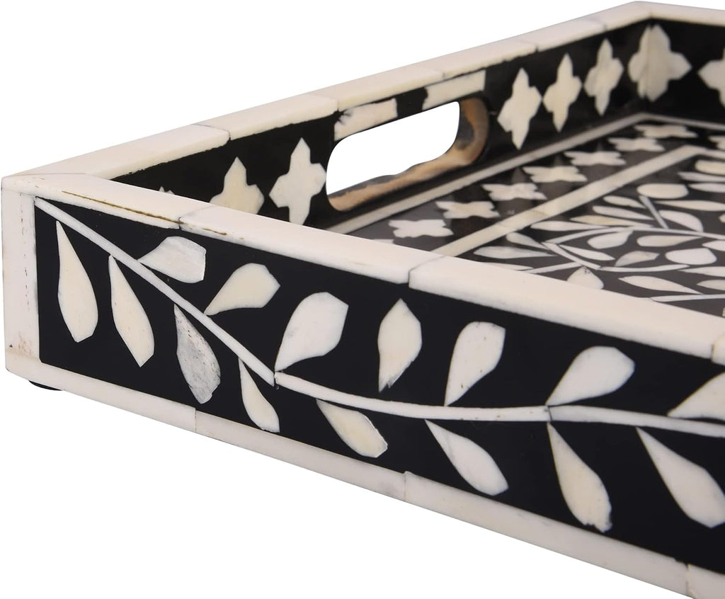 Alhambra Bone Inlay Decorative Tray, Coffee Table & Ottoman Serving Tray, Black White Vanity Countertop Organizer