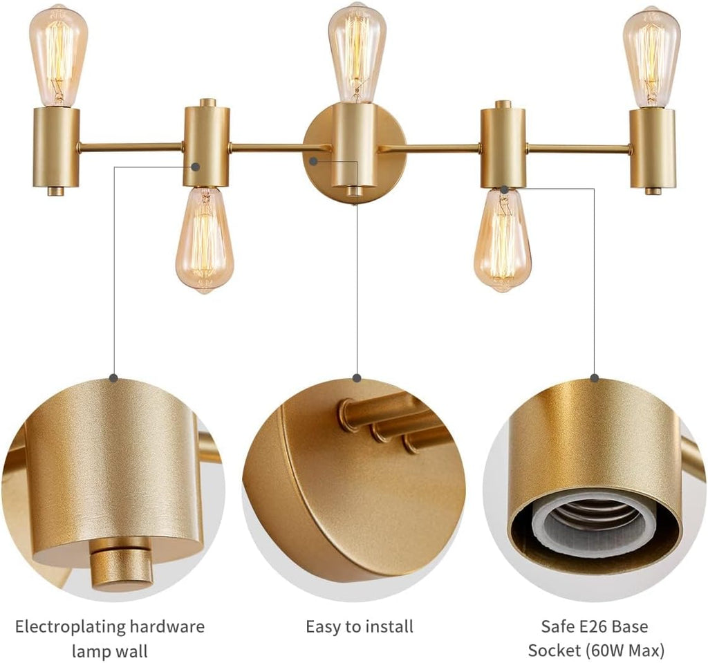 5-Light Bathroom Light Fixture Over Mirror Morden Vanity Wall Scones Light Living Room, E26 Base, Gold