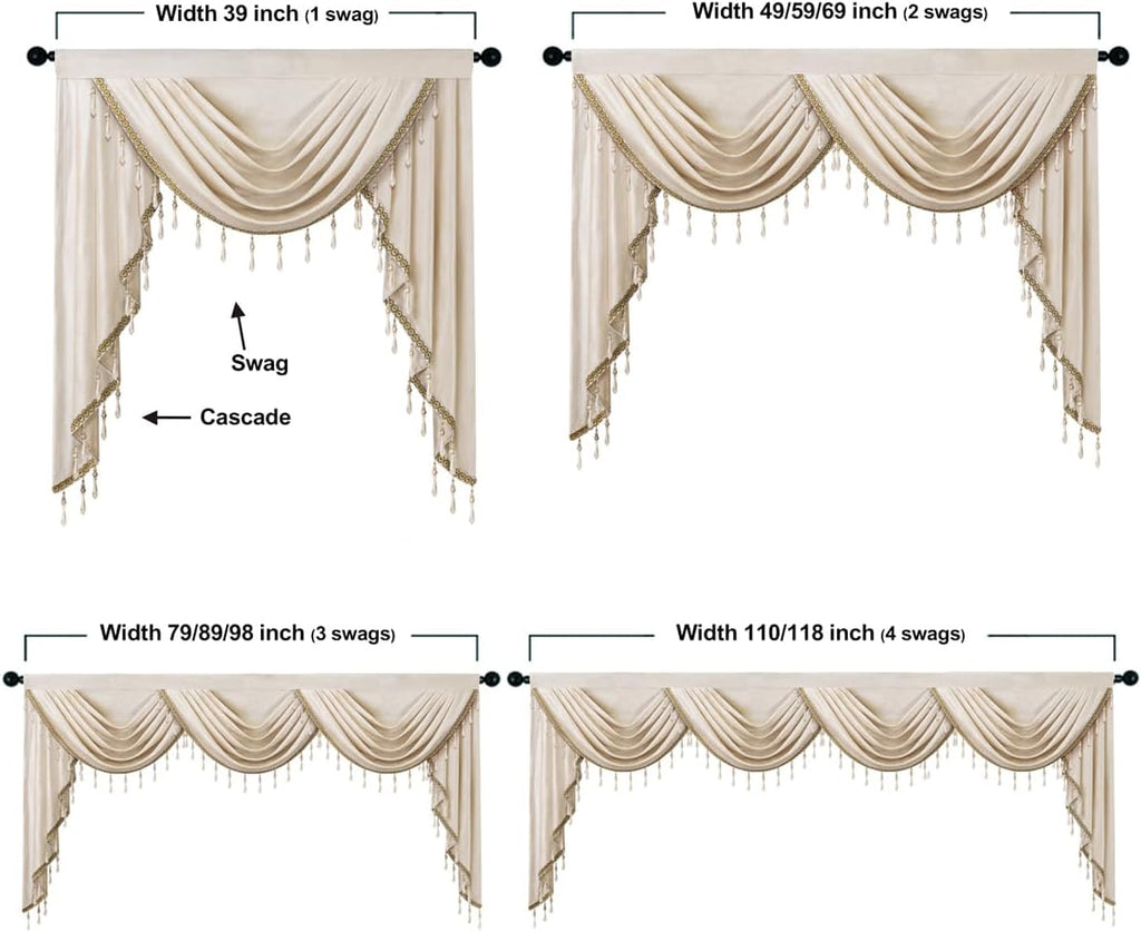 Luxury Cream Velvet Curtain Valances for Living Room with Beads (1 Panel)