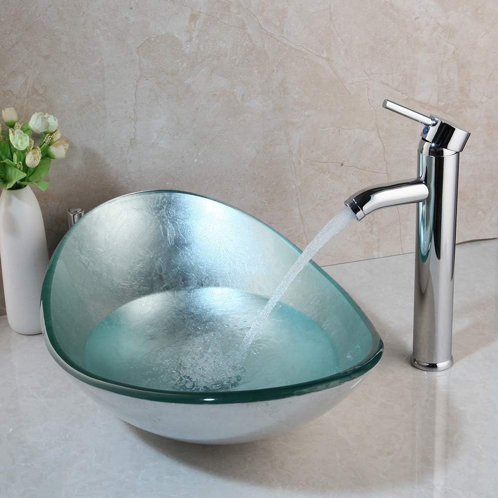 Bathroom vessel sink, Artistic Tempered Glass Oval Vessel Sink Above Counter with Chrome Faucet and Pop-up Drain Combo