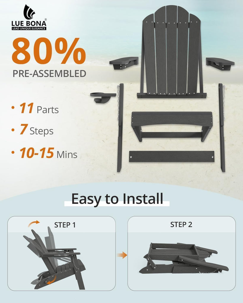 HDPE Folding Adirondack Chairs Set of 4, Black Fire Pit Chairs | All-season weather resistant, ergonomic comfy