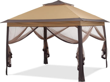 11x11 Pop Up Canopy Tent, Outdoor Canopy with Netting, Outdoor Gazebo Tent with Handbag, Brown.