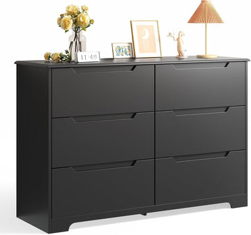 6 Drawer Double Dresser with Anti-Tip Design, Black | Modern Wide Wooden Chest of Drawers with Cut-Out Handles