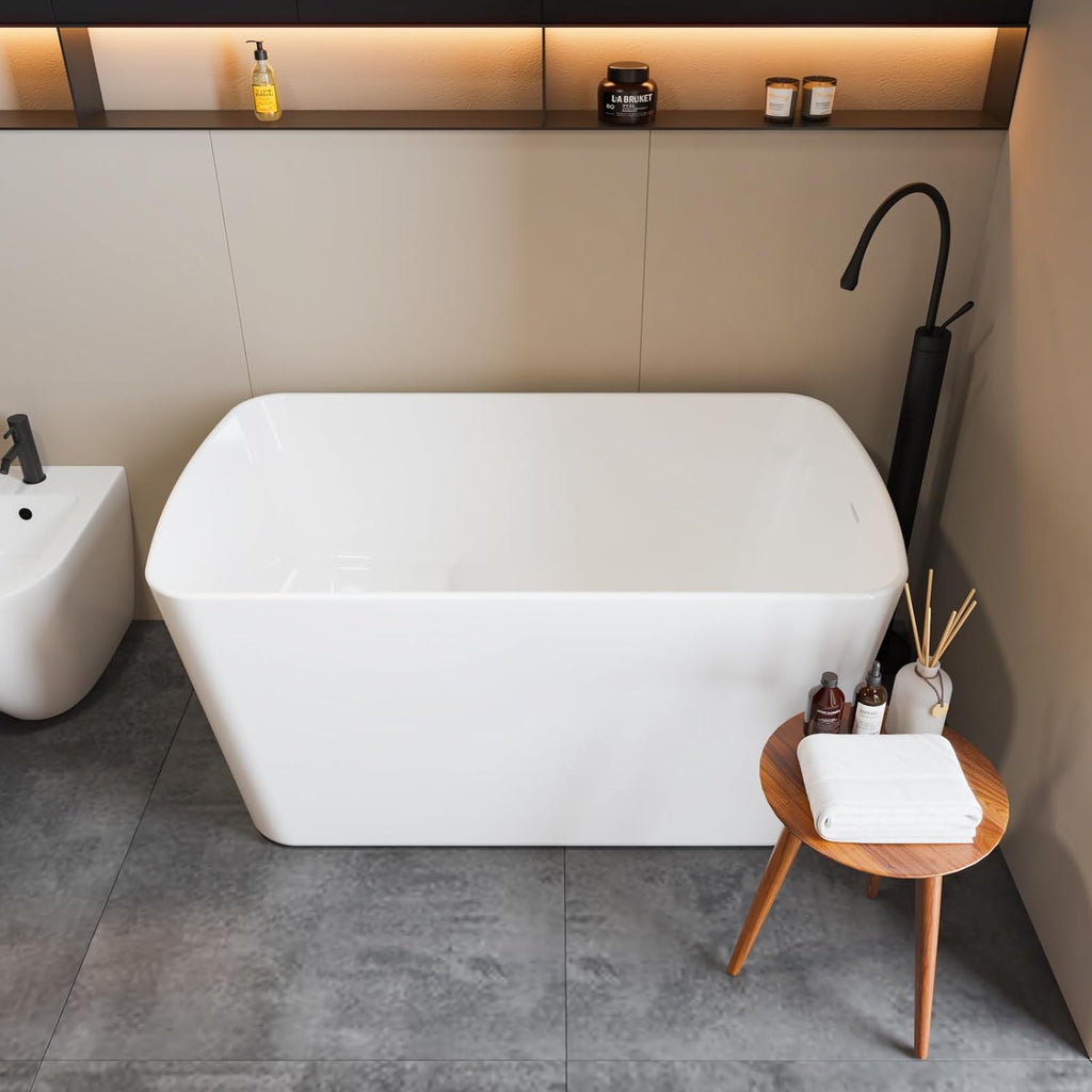 49" Acrylic Freestanding Bathtub - Japanese Square Soaking Tub with Built-in Seat & Toe-Tap Drain, Glossy White