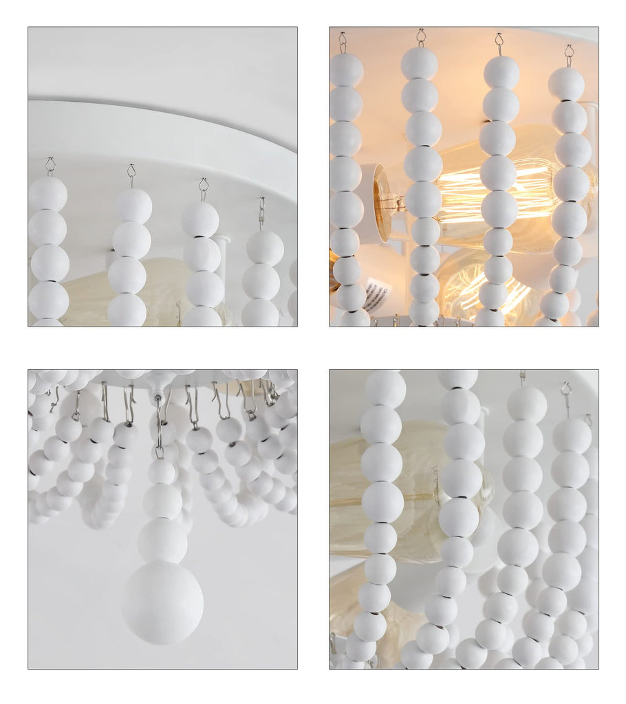 White Boho Beaded Chandeliers Flush Mount Ceiling Light, 3-Lights Small Chandelier Light Fixture, Stairway Gazebo