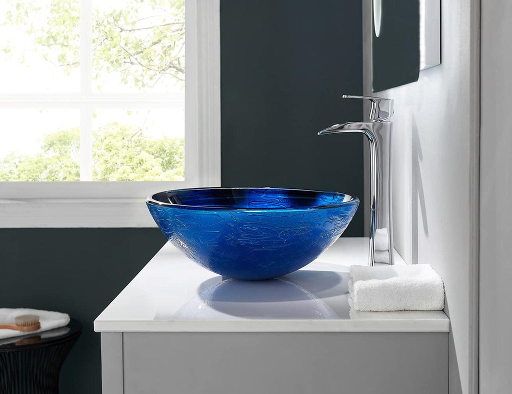 Blue OceanMystery Series Tempered Deco Glass Vessel Bathroom Sink in Starry Blue | Top Mount Sinks Above Countertop |