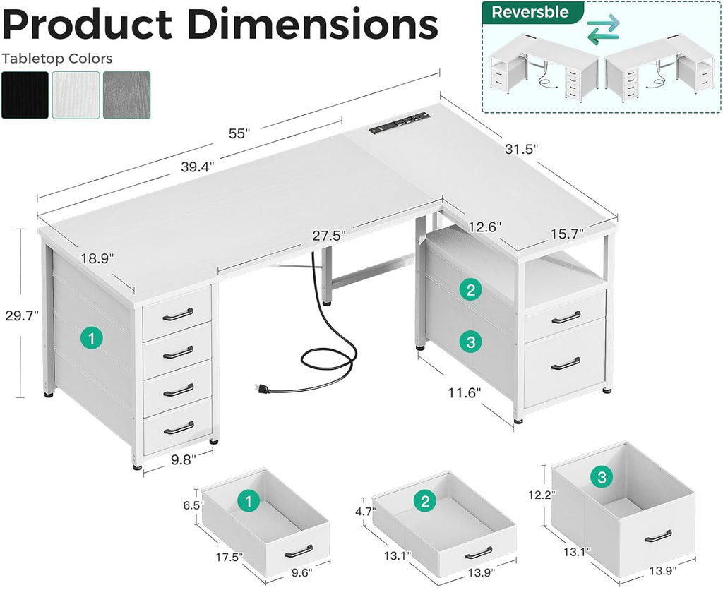 L Shaped Computer Desk with 6 Drawers & Power Outlet, 55 Inch Corner Desk with Reversible Storage Shelf & File Drawer