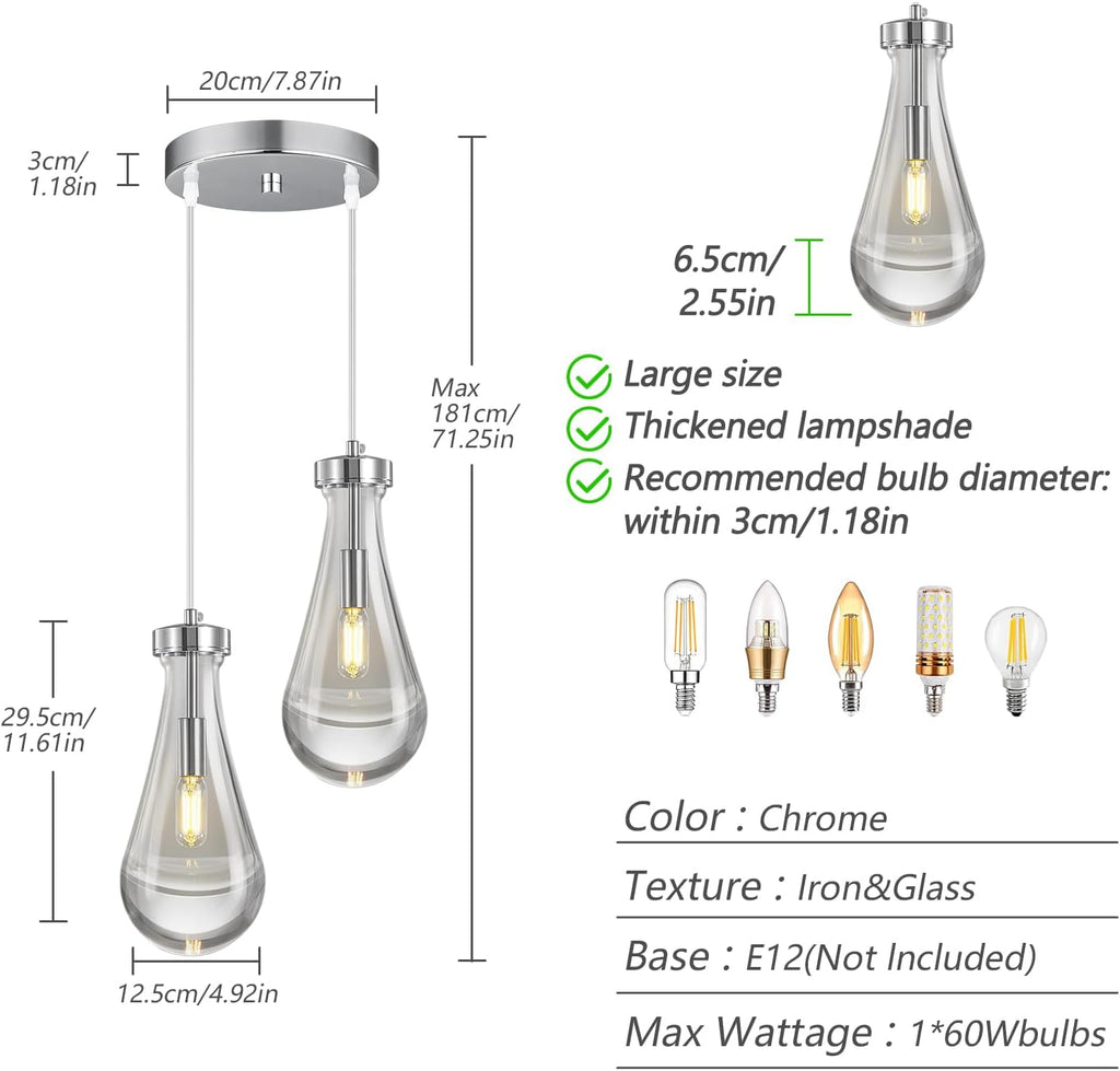 Raindrop Pendant Lights Kitchen Island Teardrop Chrome Hanging Light Fixtures Clear Solid Glass Pendant Light Modern Chandeliers for Dining Room Porch Corridor Living Room (2-Light)