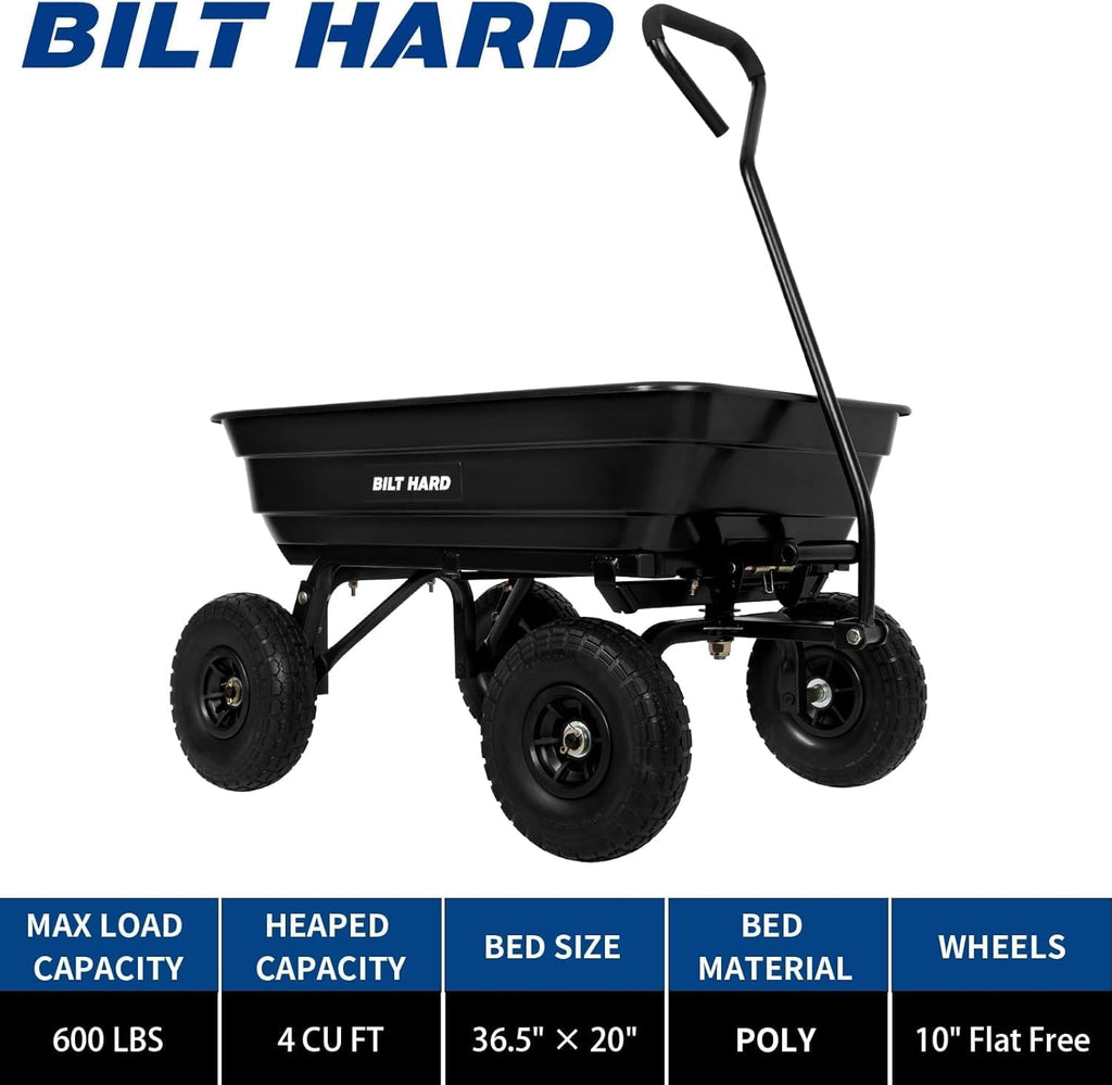 4 Cu.Ft. 10" No-Flat Tires Poly Yard Dump Cart with 180° Rotating Handle, 600 lbs Capacity Heavy Duty Garden Carts