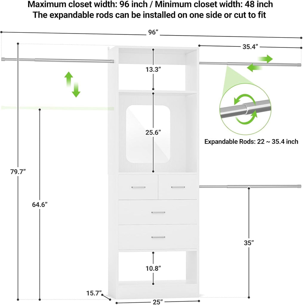 8FT Closet System with Mirror and 3 Extendable Hanging Rods, White | 48" - 96" Walk in Closet Organizer with 4