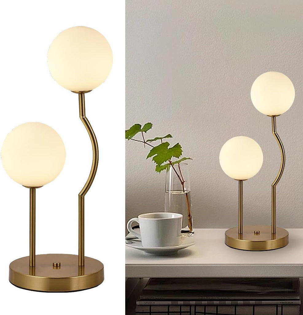 Mid Century Gold Globe Table Lamp 2-Light Orb Modern Beside Desk Table Light with Milk White Glass S