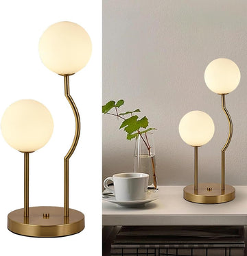 Mid Century Gold Globe Table Lamp 2-Light Orb Modern Beside Desk Table Light with Milk White Glass S
