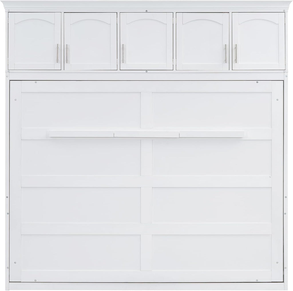 Modern Farmhouse Solid Wood Murphy Bed Chest with Top Cabinets, Tall Wall Platform Bed Space Saving/Wood Slat Support