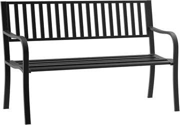 50" Outdoor Garden Bench Patio Bench with Slatted Seat Metal Black | Porch Bench, Backyard, Poolside, Lawn