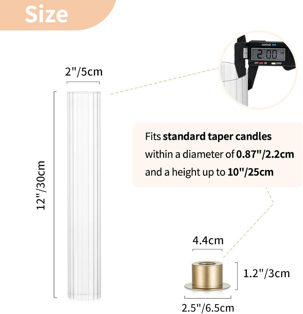 Hurricane Glass Candle Holders: Set of 18 Gold Taper Holders Bulk with Fluted Sleeves - Brass Candlestick Holders for