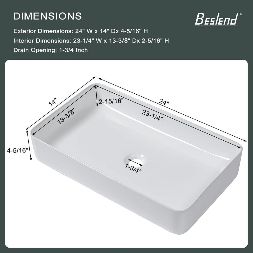 Rectangular Bathroom Vessel Sink 24 Inch - 24"x14" White Ceramic Porcelain Above Counter Modern Art Sink