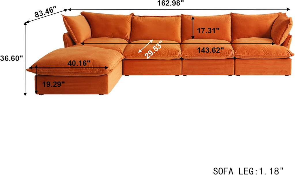 L-Shaped Sectional Couches, Modular Sectional Sofas, Modern Comfy Cloud Couch with Chaise Ottoman, Cushion Covers Removable, Two Corners and Two Middle Sofa for Living Room (Orange)