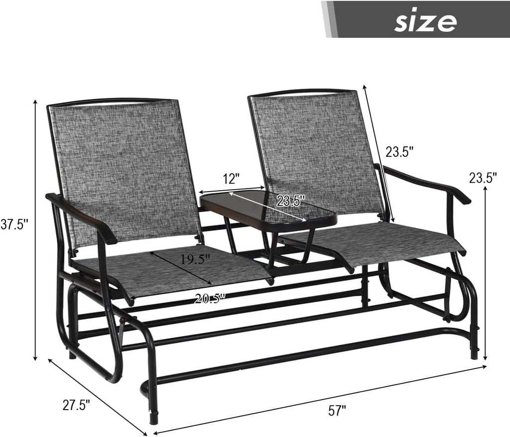 Patio Bench Glider Chair with Metal Frame, Center Tempered Glass Table, Outside Double Rocking Swing Loveseat for