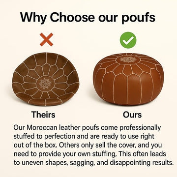 Stuffed Round Design Pouf Ottoman, Handmade, Pre-Filled, 100% Genuine Leather, 13" Height x 20" Diameter, Footstool &