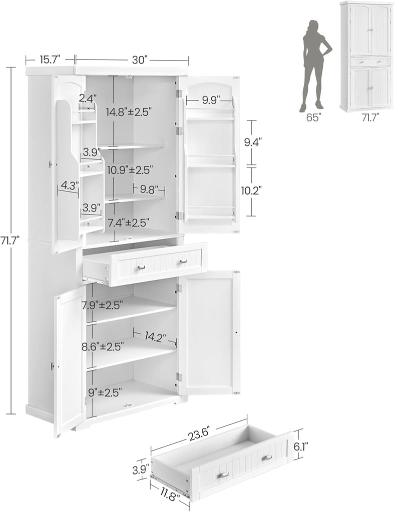 Pantry Cabinet, Tall Storage Cabinet with Drawer, 71.7-Inch | Freestanding cupboard with 2 cabinets, 4 adjustable