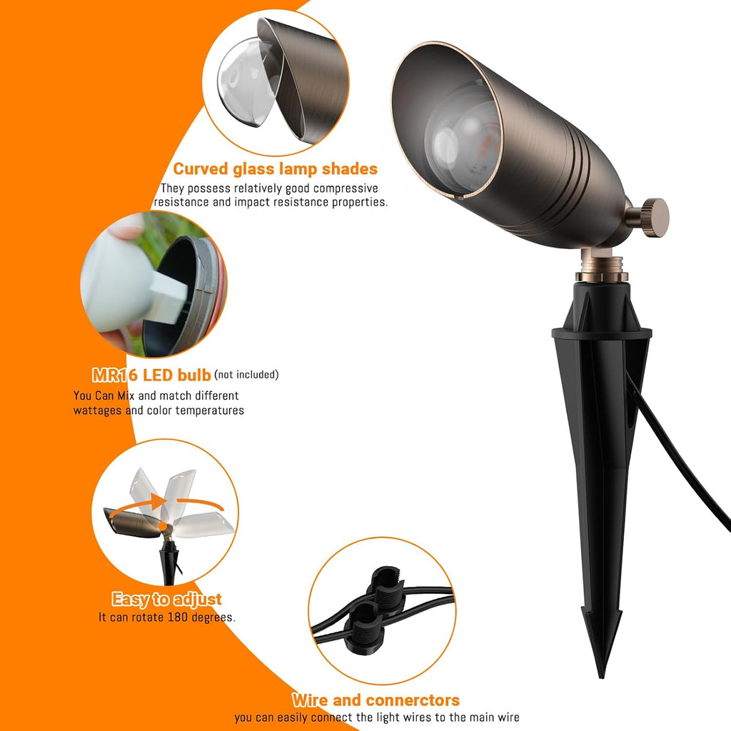 12V Low Voltage Brass Landscape Spot Lights, Waterproof LED Uplights & Accent Lighting with Connectors, Heavy Duty