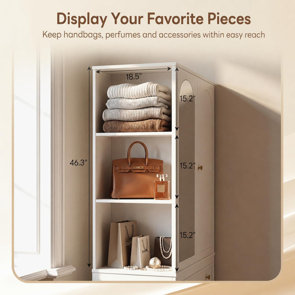 Armoire Wardrobe Closet with Full Length Mirror, 3 Open Shelves | 71" Freestanding Bedroom Armoire with 2 Drawers, 3