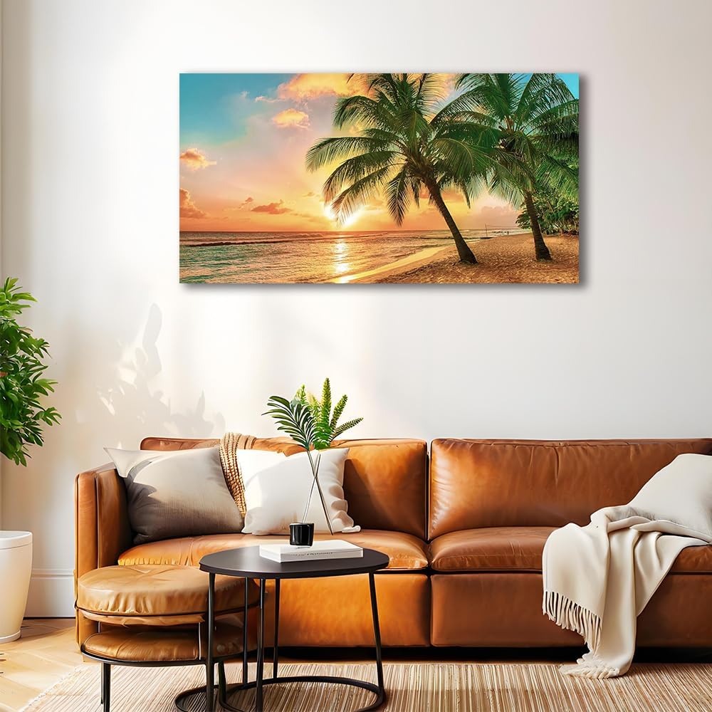 Beach Wall Art Ocean Canvas Wall Decor Tropical Palm Tree Picture for Wall Coastal Painting Gold Sunset Art Print