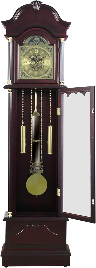 Grandfather Floor Clock, Cherry Finish, Pendulum with Gold Accents, Moon Phase Dial, 72 Inch Tall