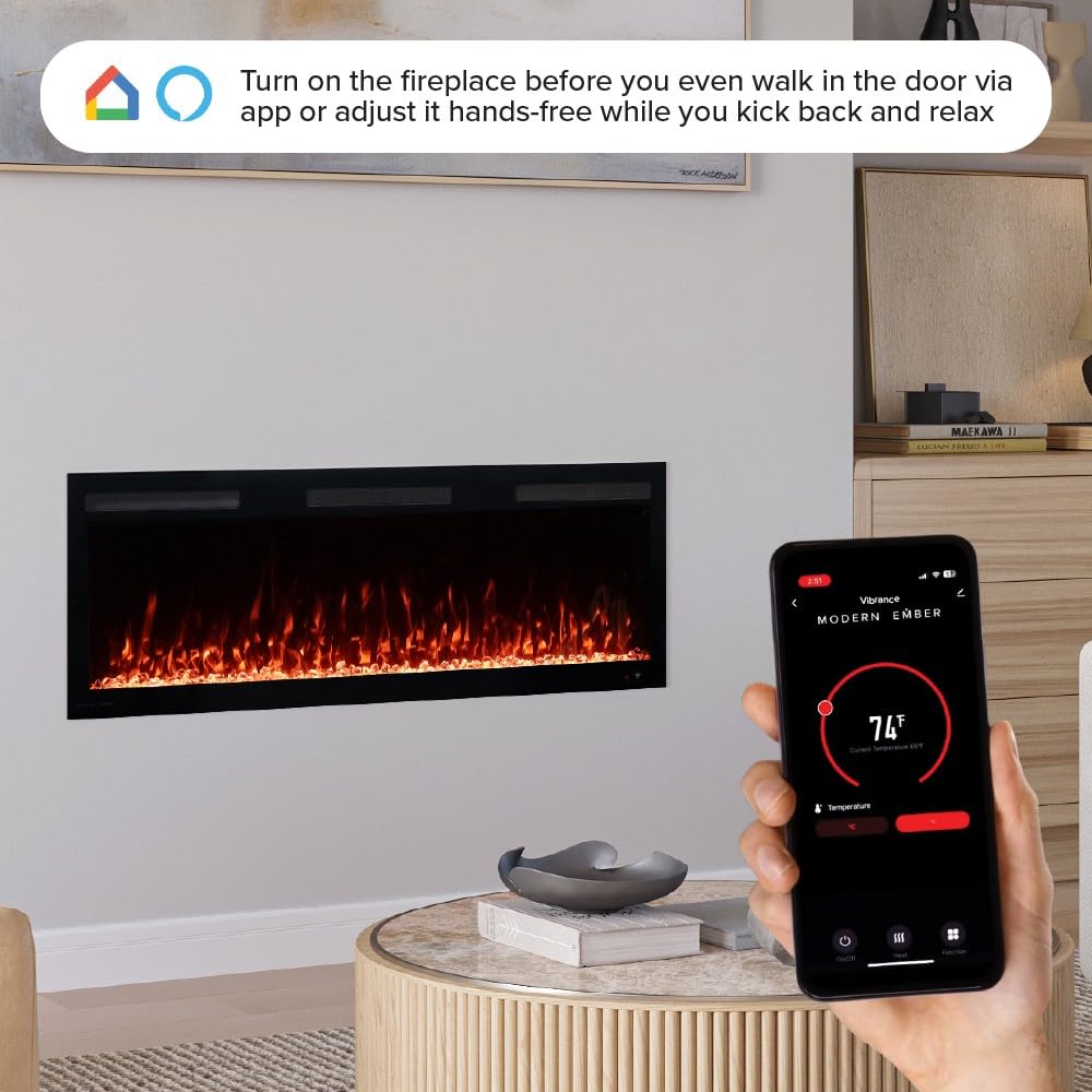 Vibrance 50 Inch Smart Linear Electric Fireplace Insert - Recessed or Wall-Mount, LED Multi-Flame Colors, Alexa/WiFi