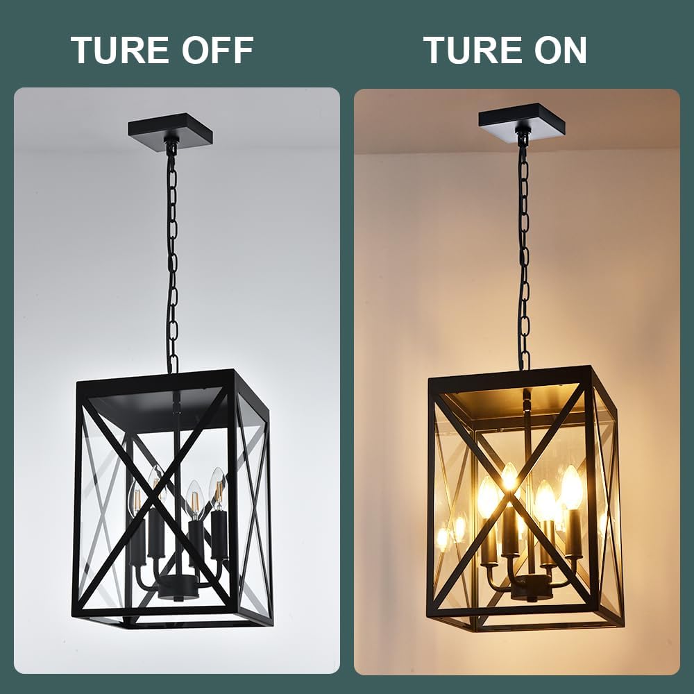 Black Outdoor Pendant Light 4 Lights Outside Pendant Hanging Light Fixture Ceiling Mount with Clear Glass Industrial