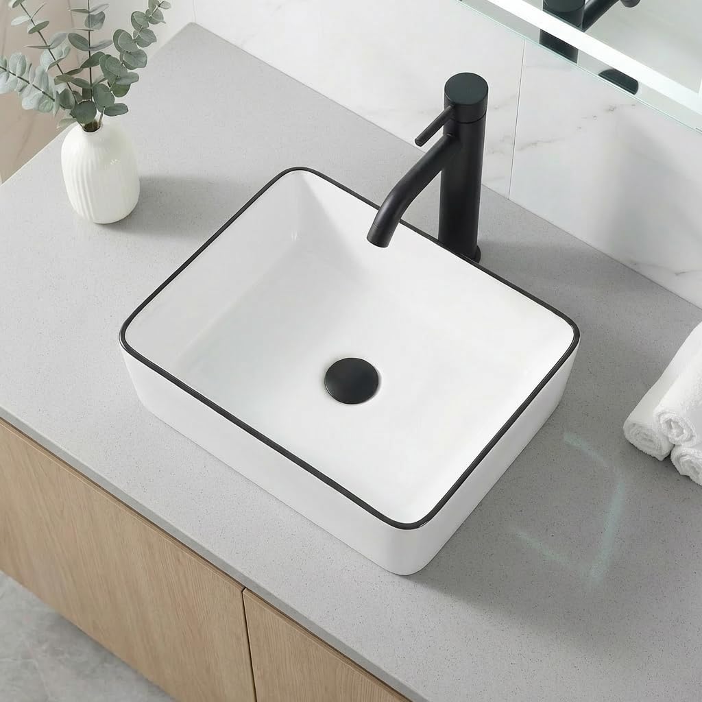 Rectangle Vessel Sink, 16"x12" Above Counter Bathroom Sink Rectangular Small White Ceramic Vessel Sinks for Bathrooms