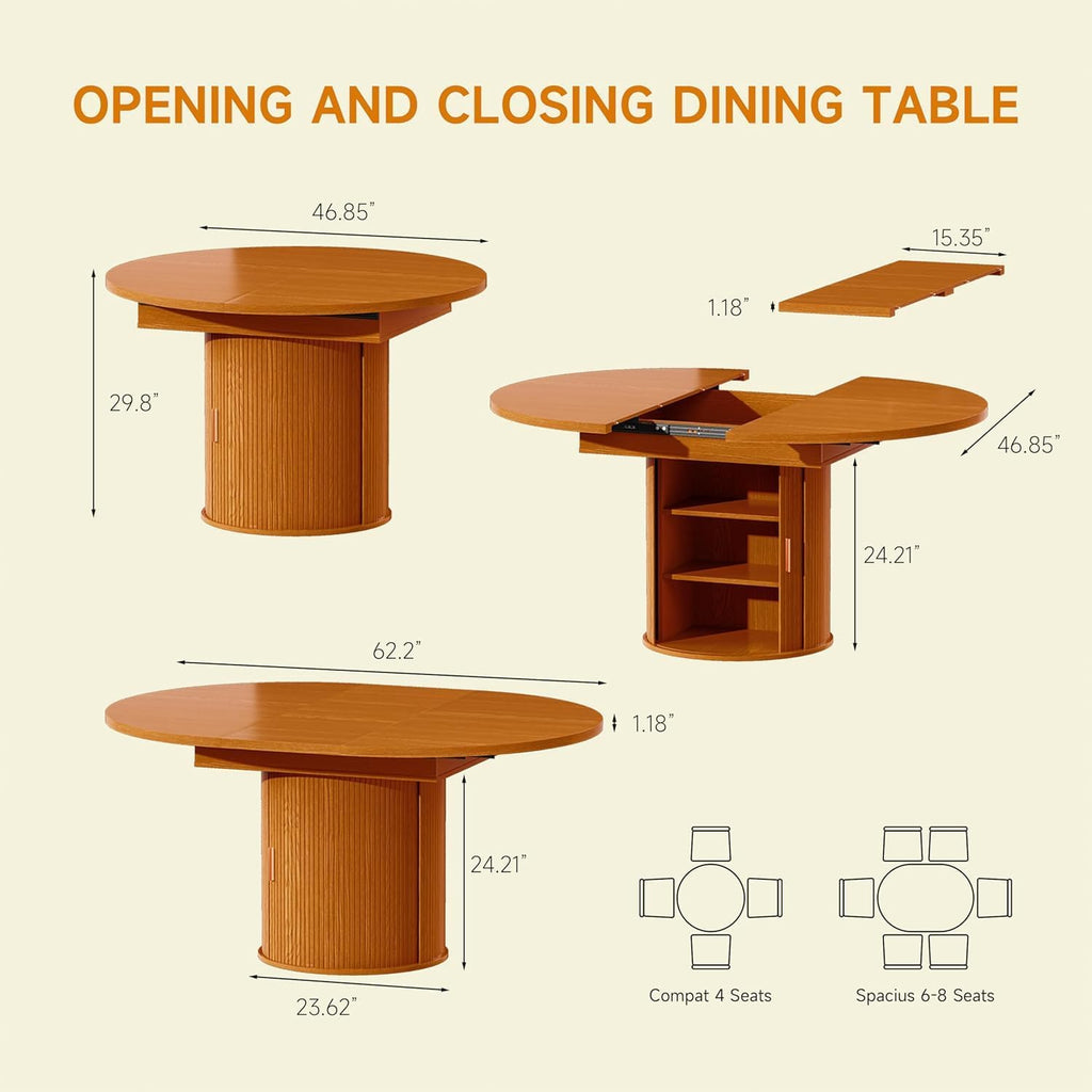 Extendable Round Dining Table: 47″ - 63″ Kitchen Table for 4 6 8 with Dust-Proof 2-Tier Storage Shelf Space Saving