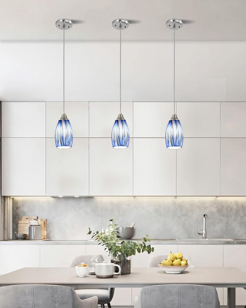Dark Blue Glass Mini Pendant Lights for Kitchen Island 3Pack Blown Art Glass Pendant Lighting Shade Hanging Pendant