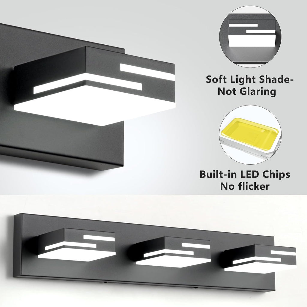 LED Modern Bathroom Vanity Light Fixtures, Dimmable Matte Black Vanity Lights Lighting Fixtures Over Mirror, with