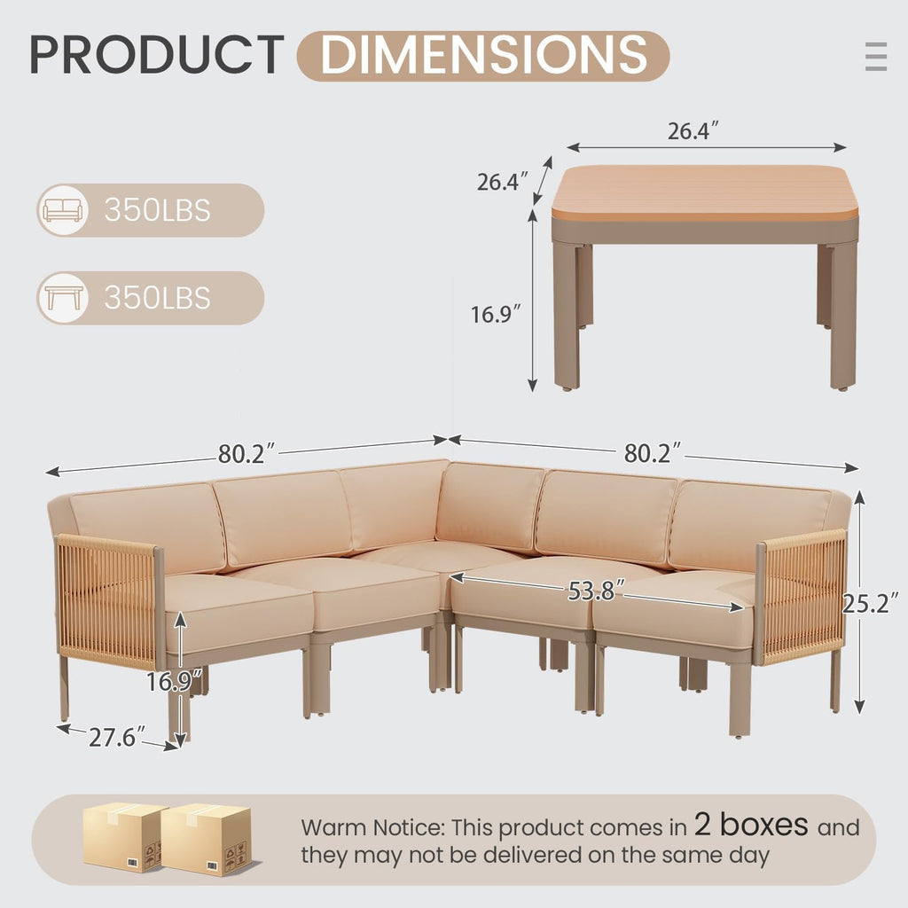 6 Pieces Patio Sectional Furniture Set, Metal Frame Outdoor Conversation Set with 6" Thick Cushions & Coffee Table