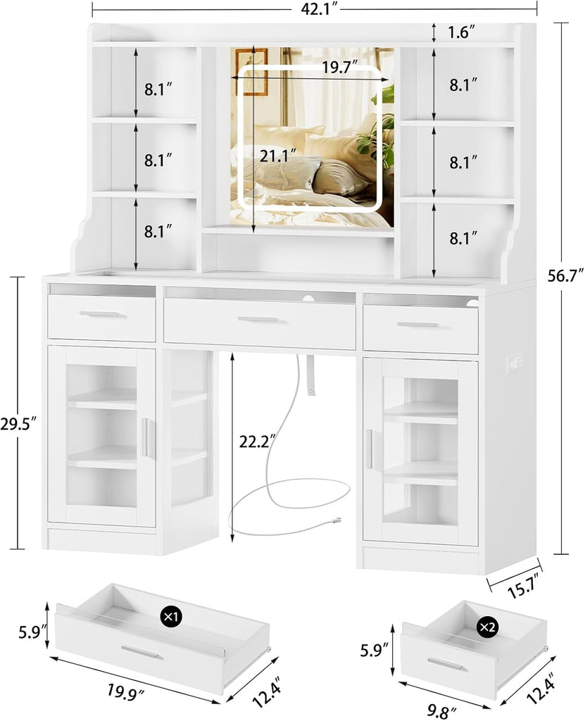 Vanity Desk with Mirror and Lights, 42" Large Makeup Vanity with Glass Top with 3 RGB Drawers, 2 Large Transparent