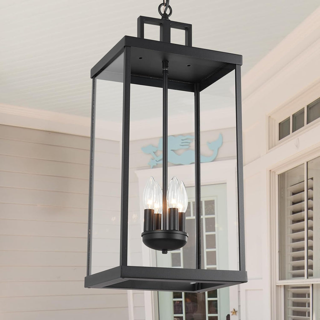 Outdoor Pendant Light, 25'' Large Hanging Lights Lantern Light, Modern Outside Chandelier with Clear Glass