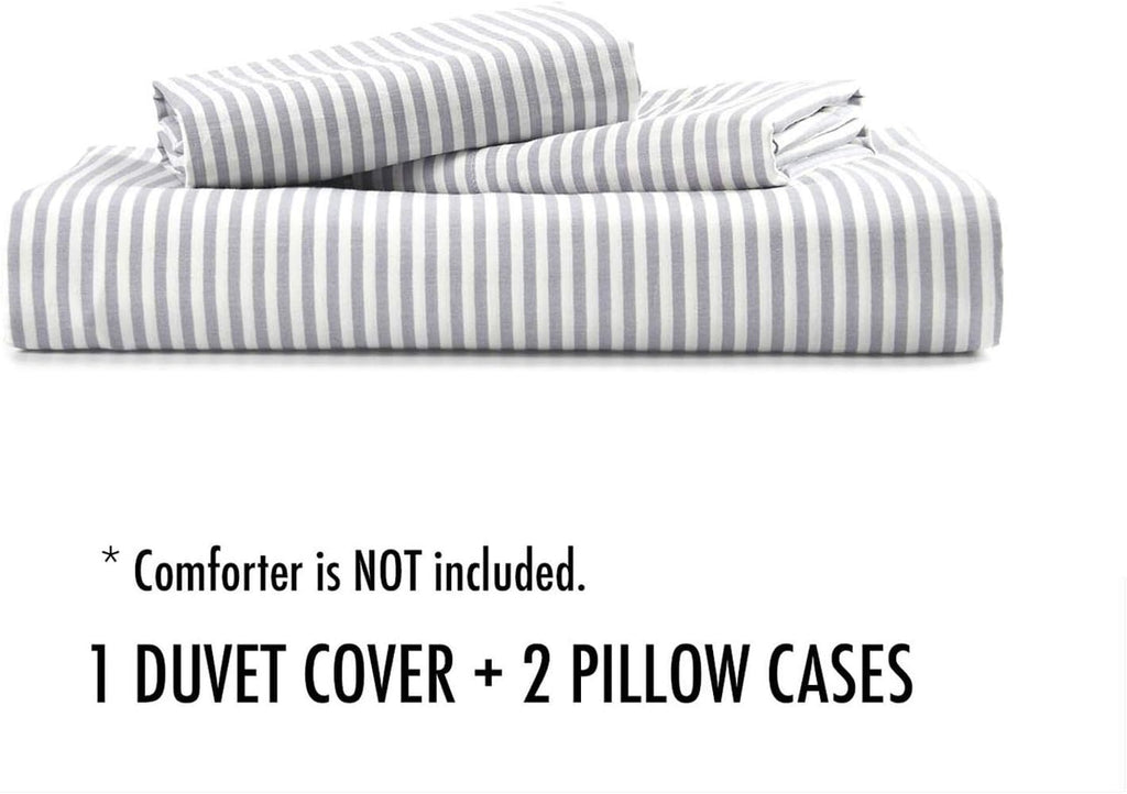 Striped Cotton Duvet Cover Set, Ticking Stripe Pinstripe Farmhouse, 100% Cotton Bedding Set, 3 Pieces, Gray White