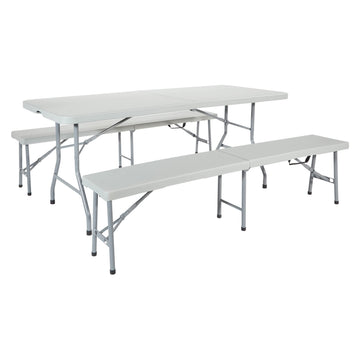 Star Resin Furniture for Indoor or Outdoor Use, 3-Piece Set, 2 Folding Benches and 6 Foot Table