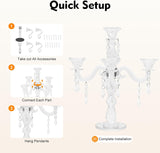 5-Arm Crystal Candelabra with Hanging Prisms & Round Mirror Base, Faceted Cut Crystal Glass, Clear Wedding